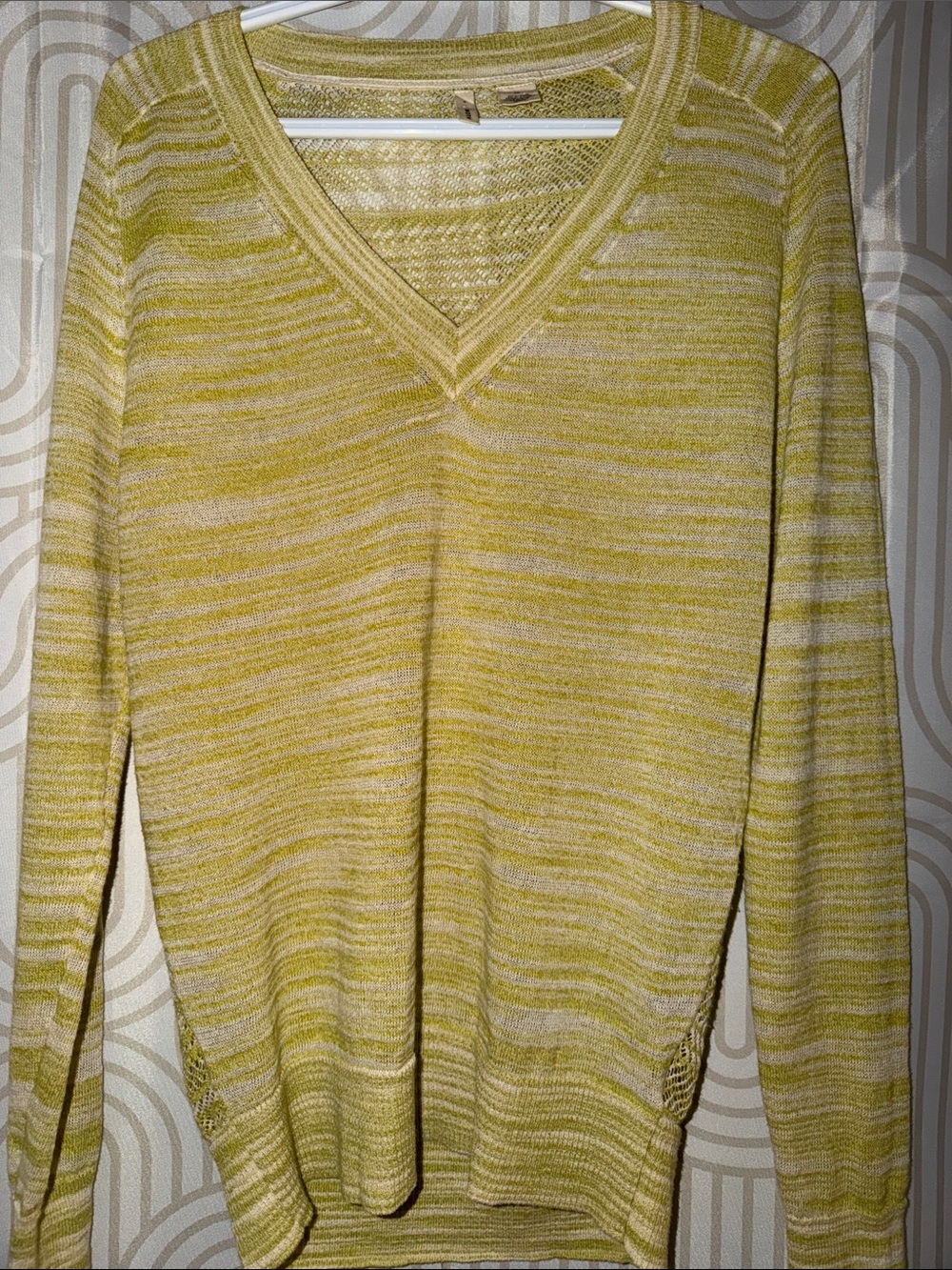 MOTH sz S Anthropologie V-neck sweater crochet back - subtle stripe chartreuse